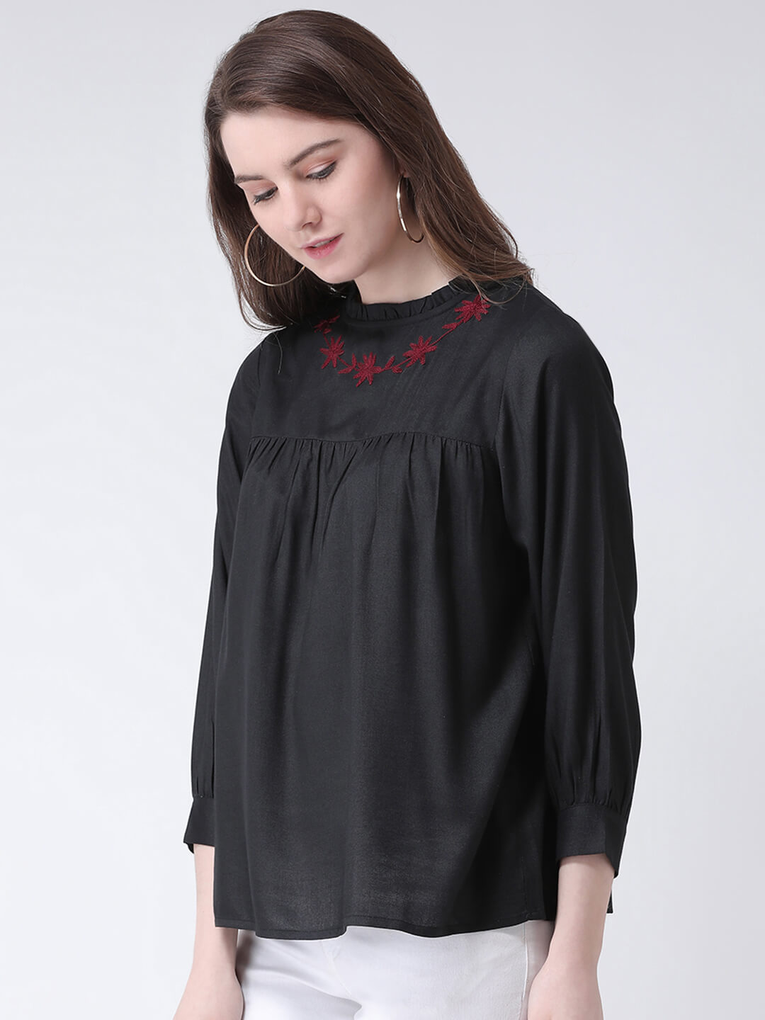 Women'S Black Rayon Blouse With Embroidery