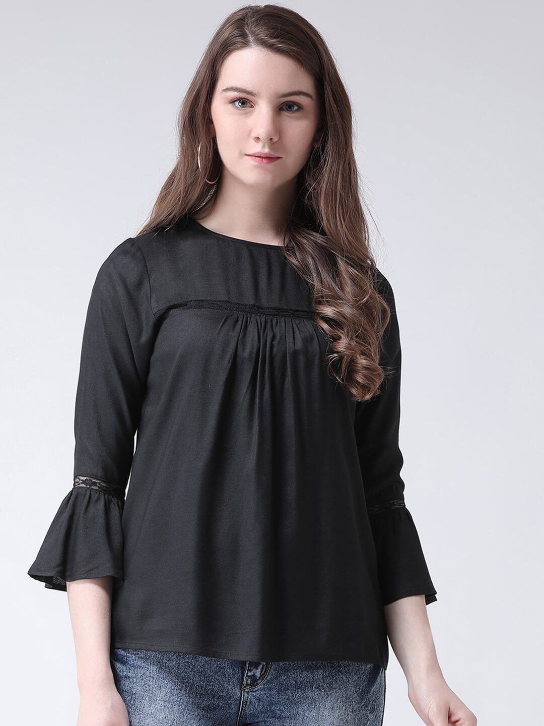 Women'S Black Rayon Blouse With Lace Insert Detail On The Yoke And Gathers Detail