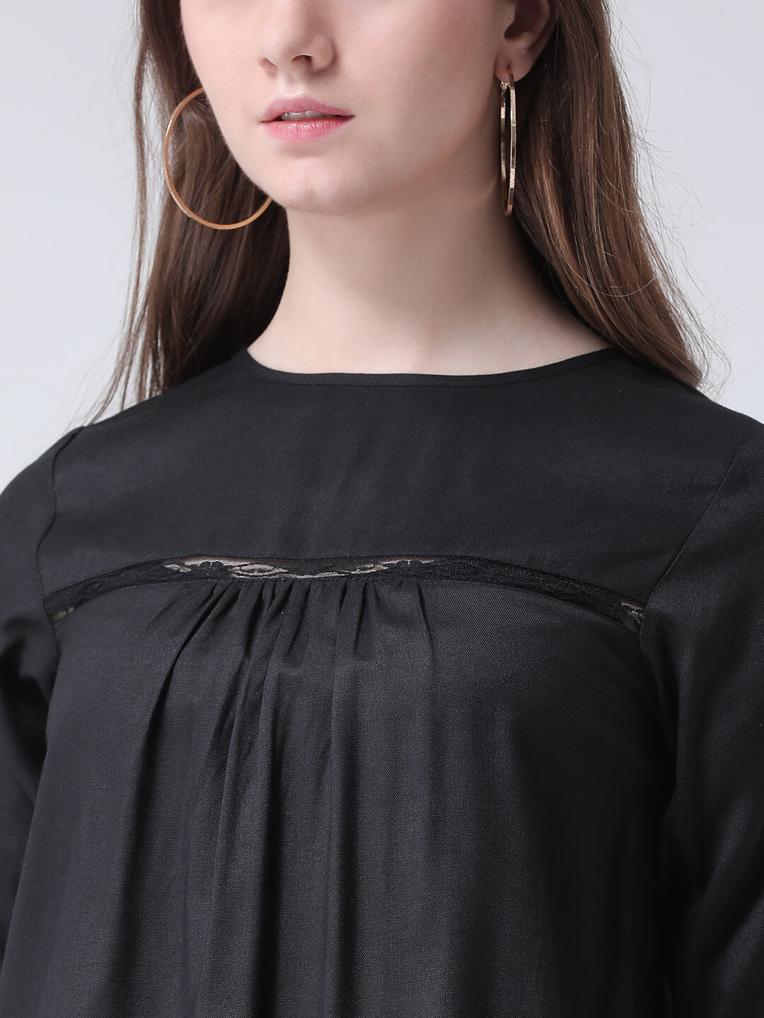Women'S Black Rayon Blouse With Lace Insert Detail On The Yoke And Gathers Detail