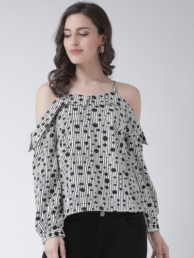Women'S A Beautiful Mix Of Polka And Stripe Printed Woven Top, Has Shoulder Straps, Long Sleeves