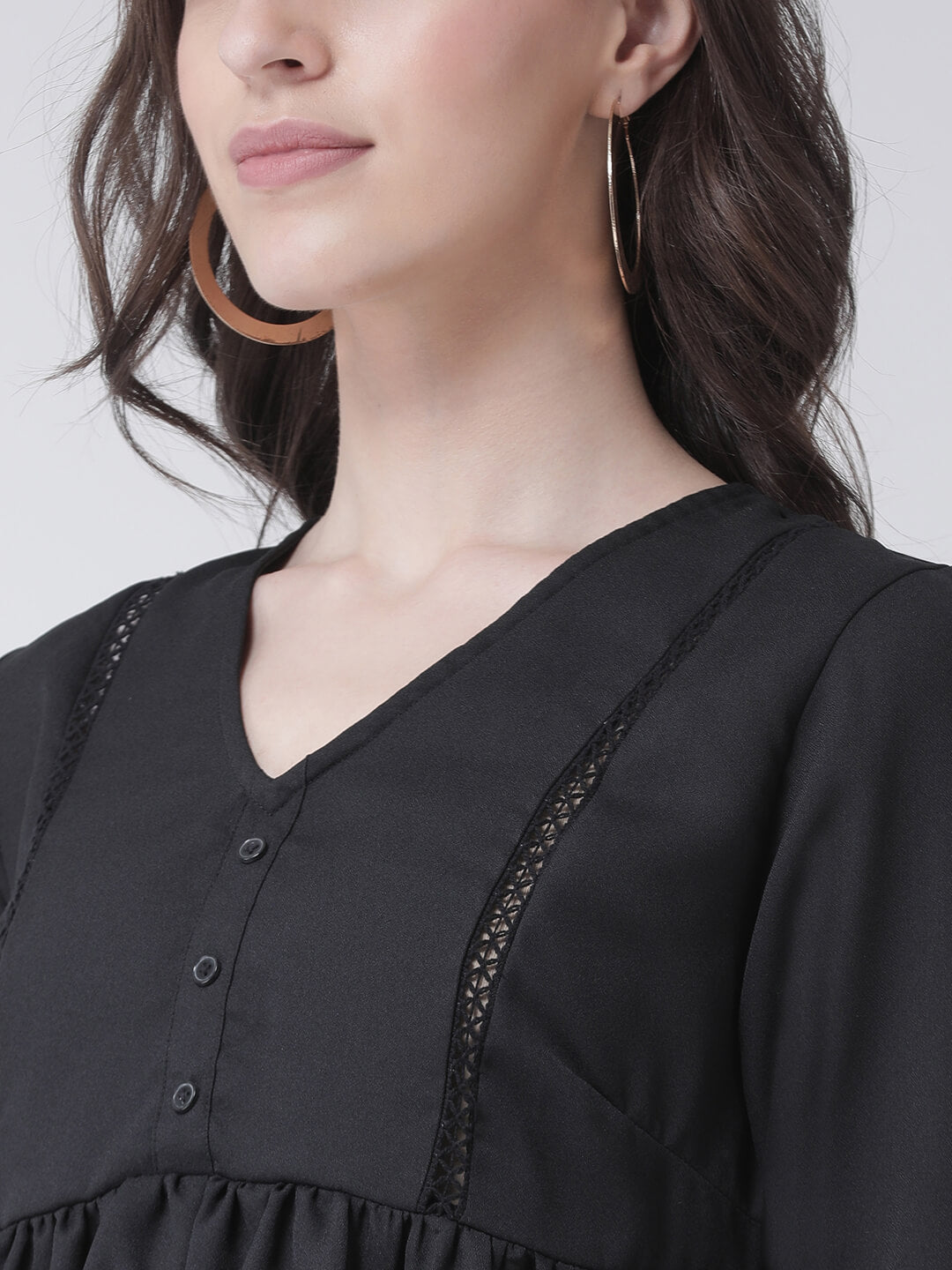 Women'S Floral Woven Top With Lace Detail On The Yoke And Sleeve, Has A V Neck, Bell Sleeves