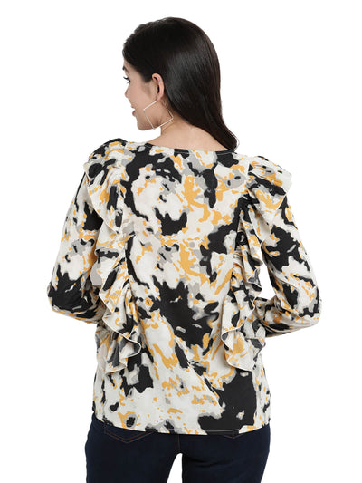 Round Neck Top With Ruffle Detail In The Front And Full Sleeves