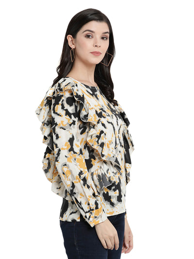 Round Neck Top With Ruffle Detail In The Front And Full Sleeves