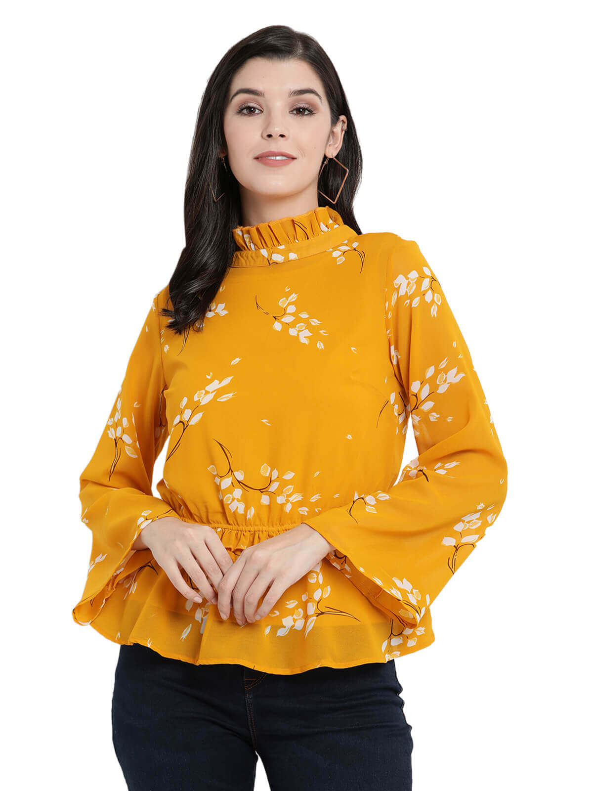 High Neck Top With Flared Full Sleeve