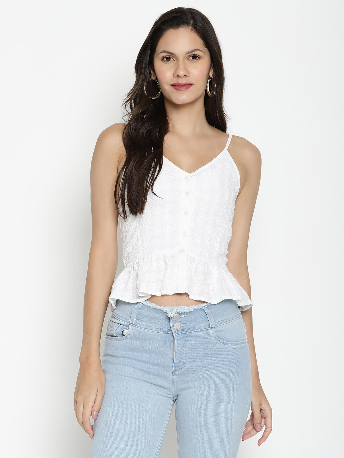 Eco Women'S V-Neck Crop Top With All Over Embroidery