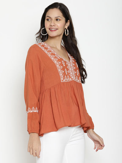 Eco Women'S V-Neck Top With Embroidery On Front Yoke And Cuff