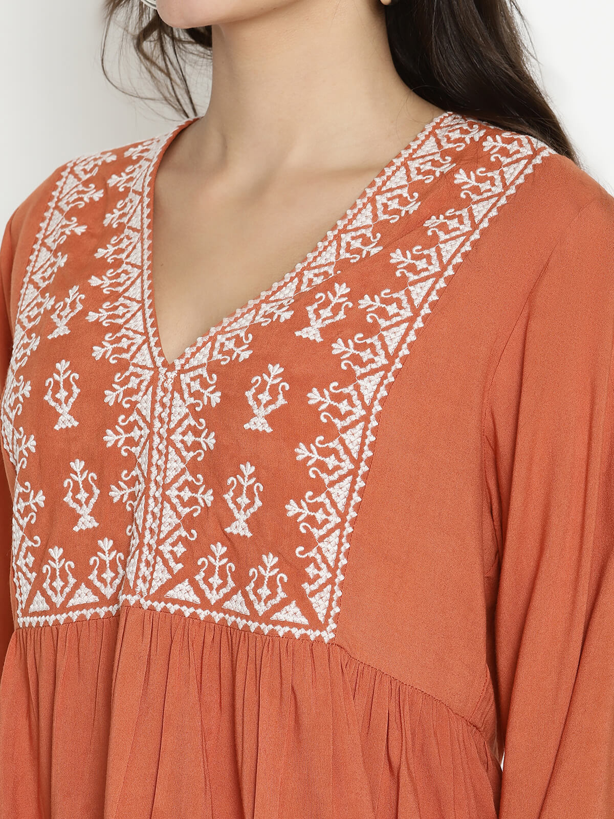 Eco Women'S V-Neck Top With Embroidery On Front Yoke And Cuff