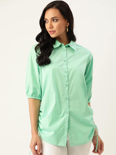 Eco Collared Anti Fit Shirt With Button Down, Side Draw String Puller, Quarter Sleeves With Cuff