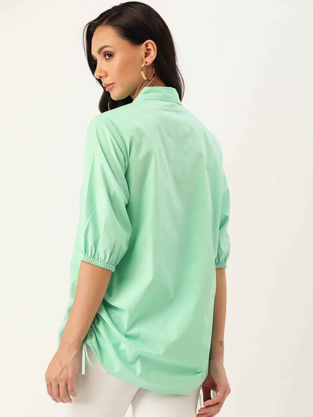 Eco Collared Anti Fit Shirt With Button Down, Side Draw String Puller, Quarter Sleeves With Cuff