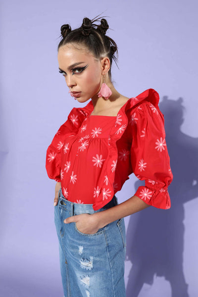 Women'S Printed Red Top