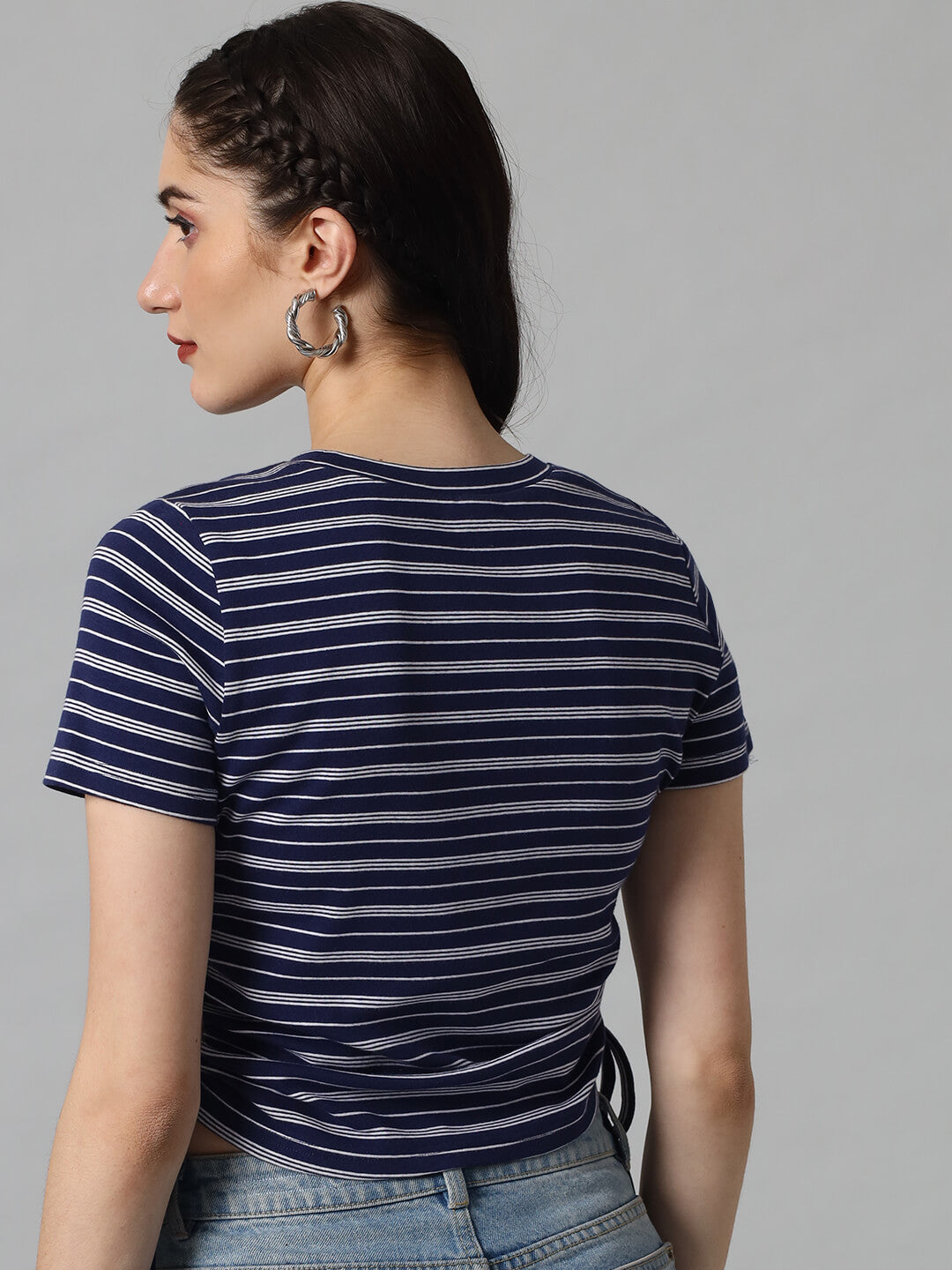 Navy Blue Striped Round Neck Pure Cotton T-Shirt