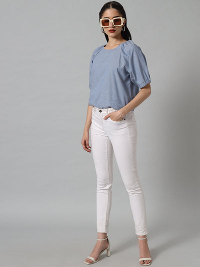 Blue Puff Sleeves chambray Top