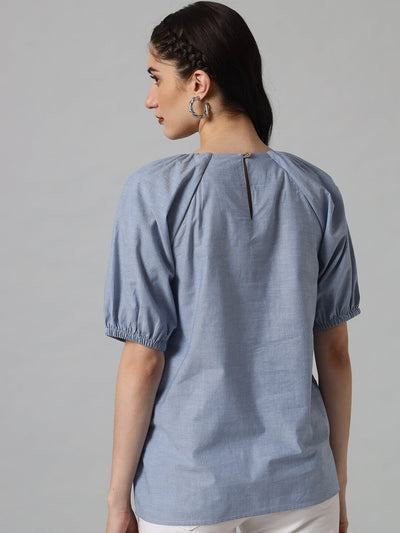 Blue Puff Sleeves chambray Top