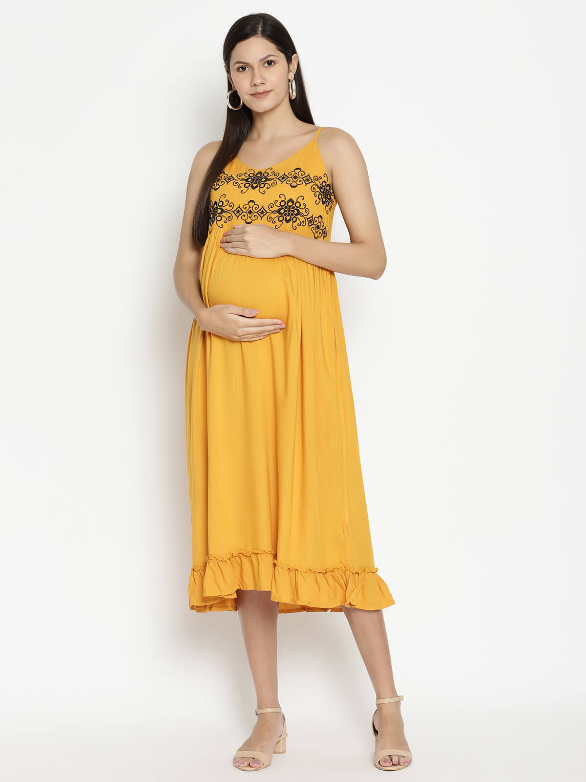 Women Maternity Embroidered Beach Maxi Dress