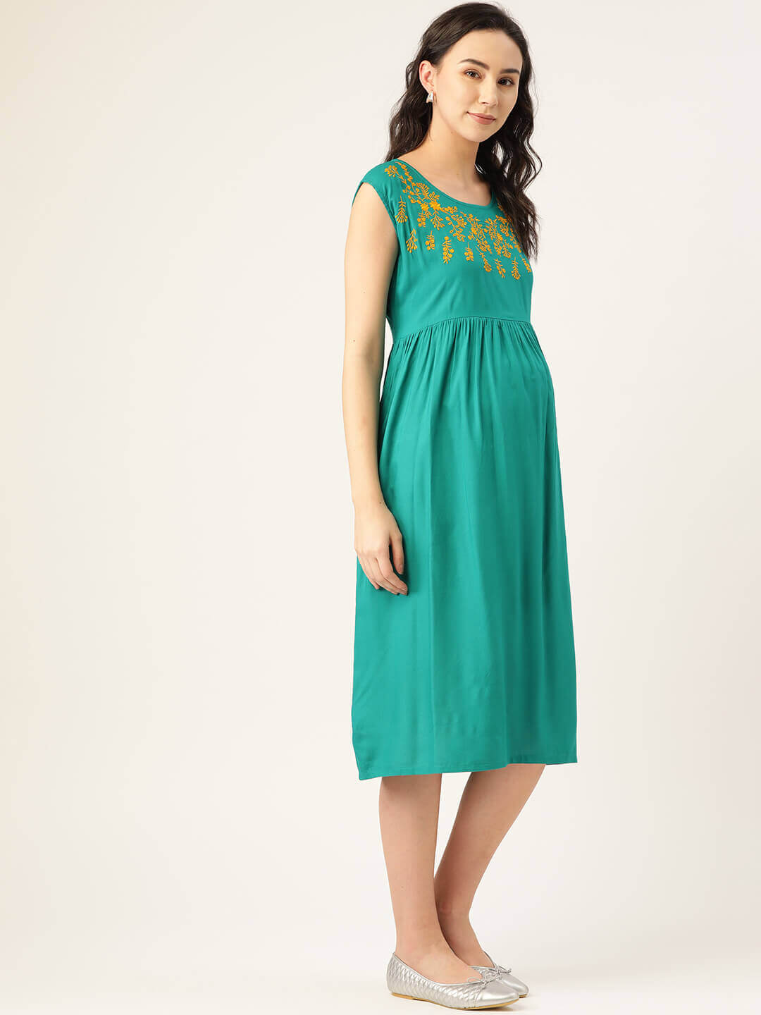 Women Maternity Dress With Embroidered Neckline And Nursing Access