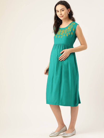 Women Maternity Dress With Embroidered Neckline And Nursing Access