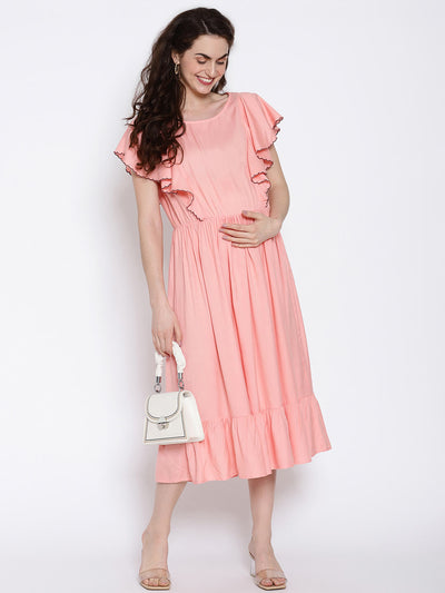 Sustainable Women'S Maternity Midi Dress With Frill Details