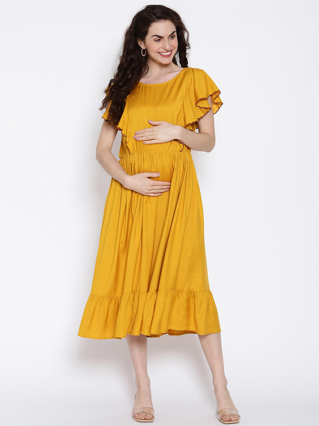 Sustainable Women'S Maternity Midi Dress With Frill Details